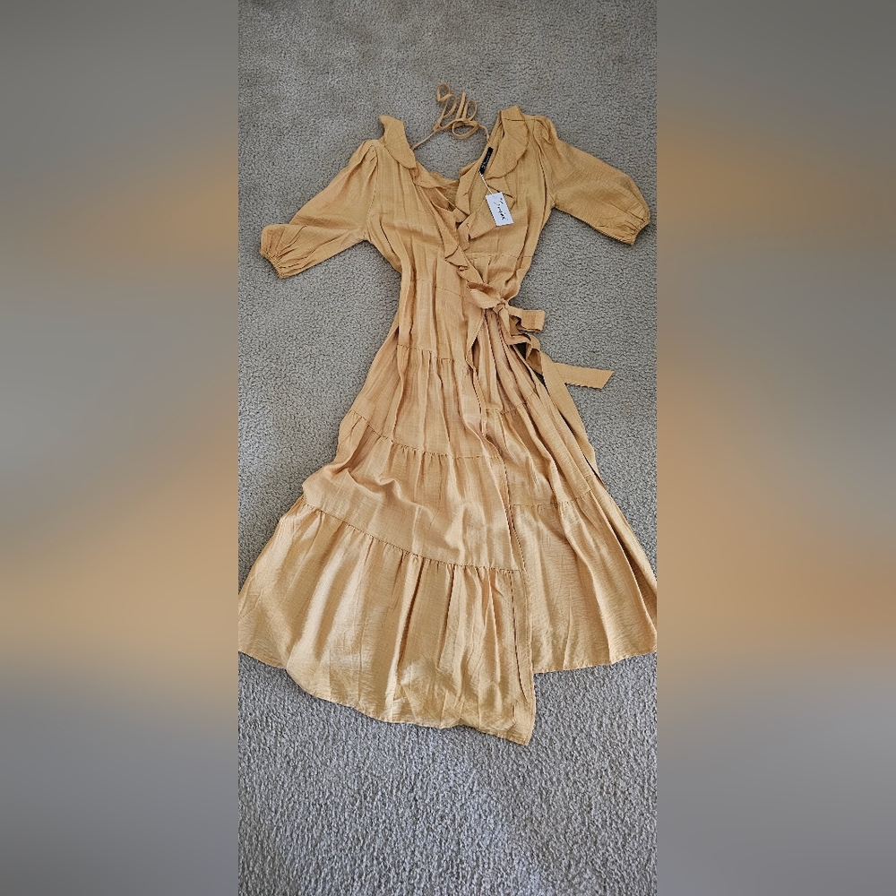 Simple Tan Long Sleeve Dress with Tie Waist